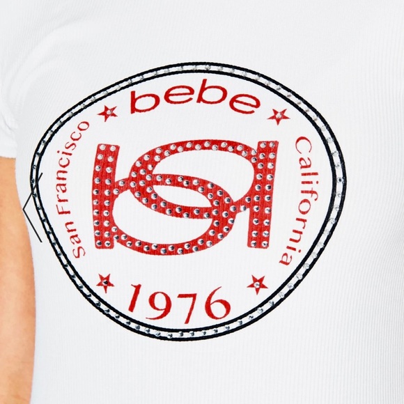 BEBE Logo Interlock Rib Tee, White/R, Large, NWT - Picture 3 of 5